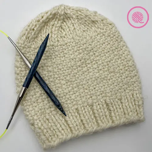 linen stitch hat with needles
